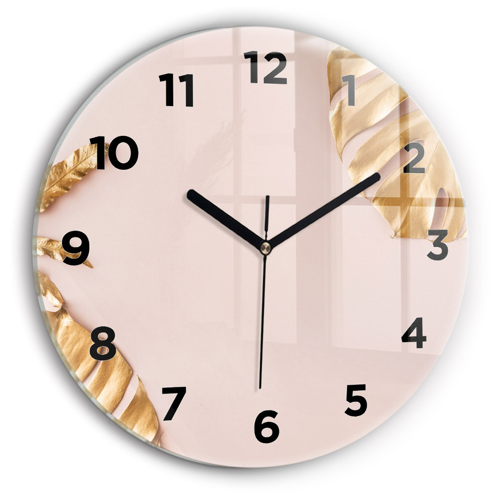 Horloge ronde en verre Feuilles tropicales dorées