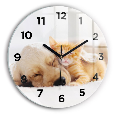 Horloge ronde murale Chat et chien endormis