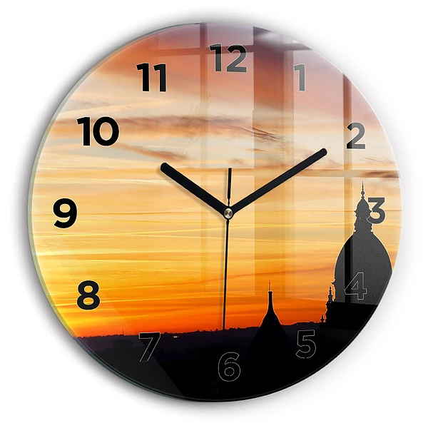 Pendule murale ronde Bâtiment et coucher de soleil