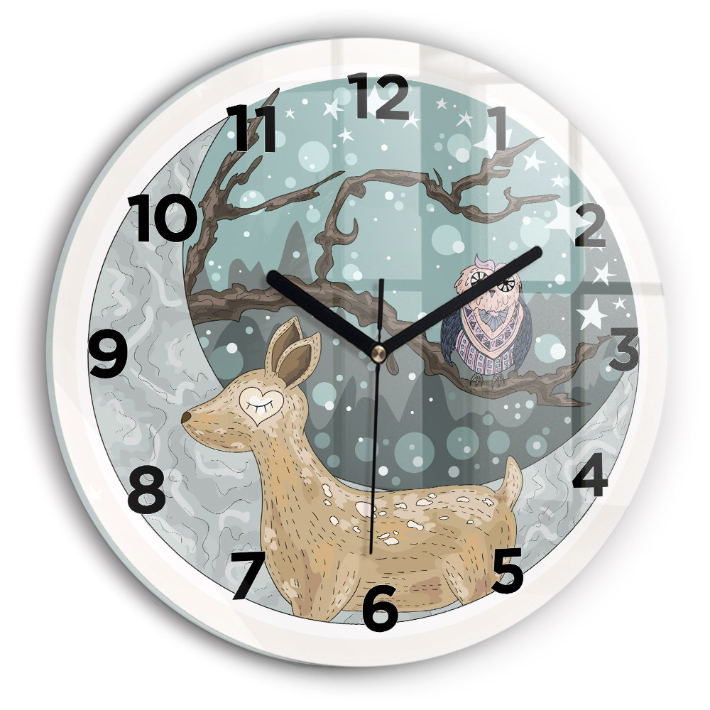 Horloge ronde en verre Animaux nocturnes et lune