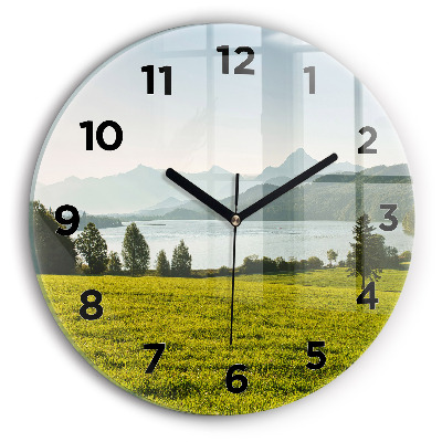 Horloge ronde en verre Montagnes et champs