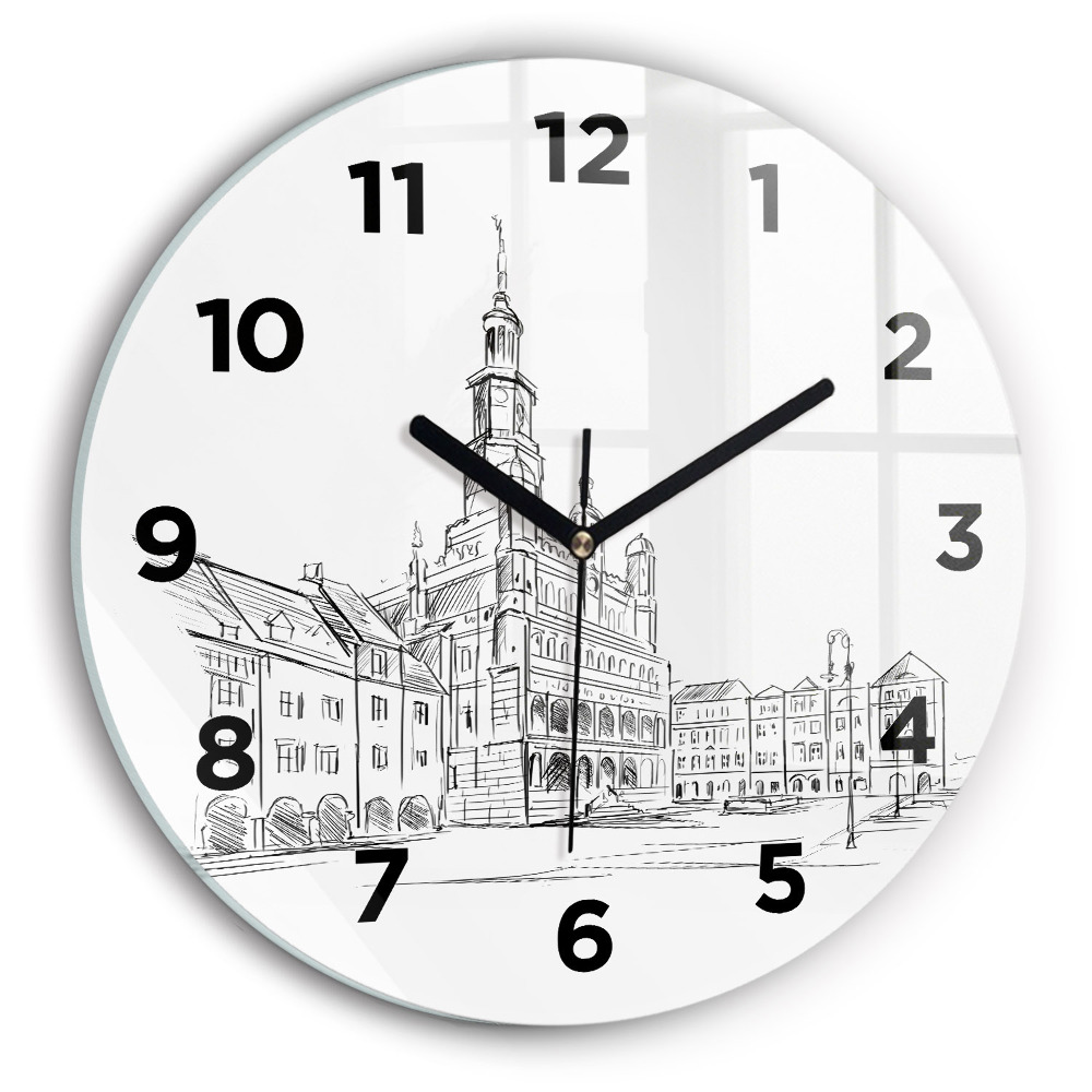 Horloge ronde en verre Croquis de la vieille ville de Poznań