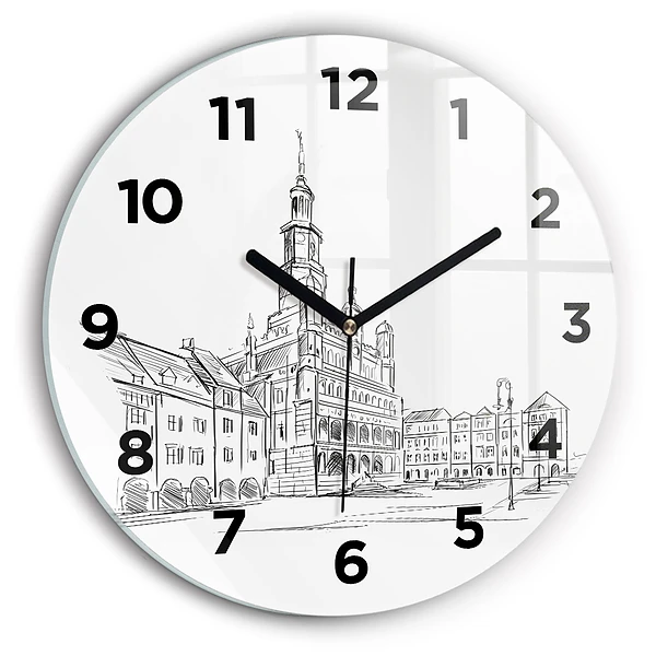 Horloge ronde en verre Croquis de la vieille ville de Poznań