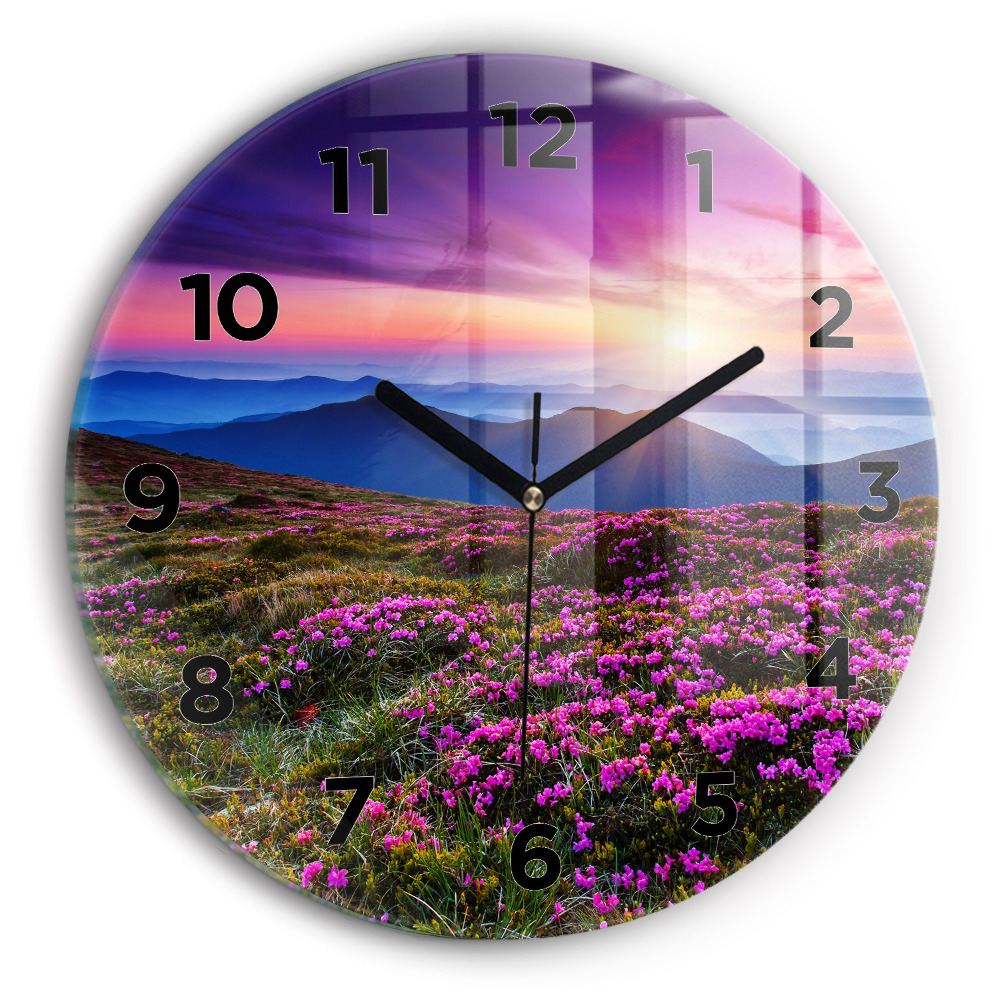 Horloge ronde en verre Lever de soleil et fleurs