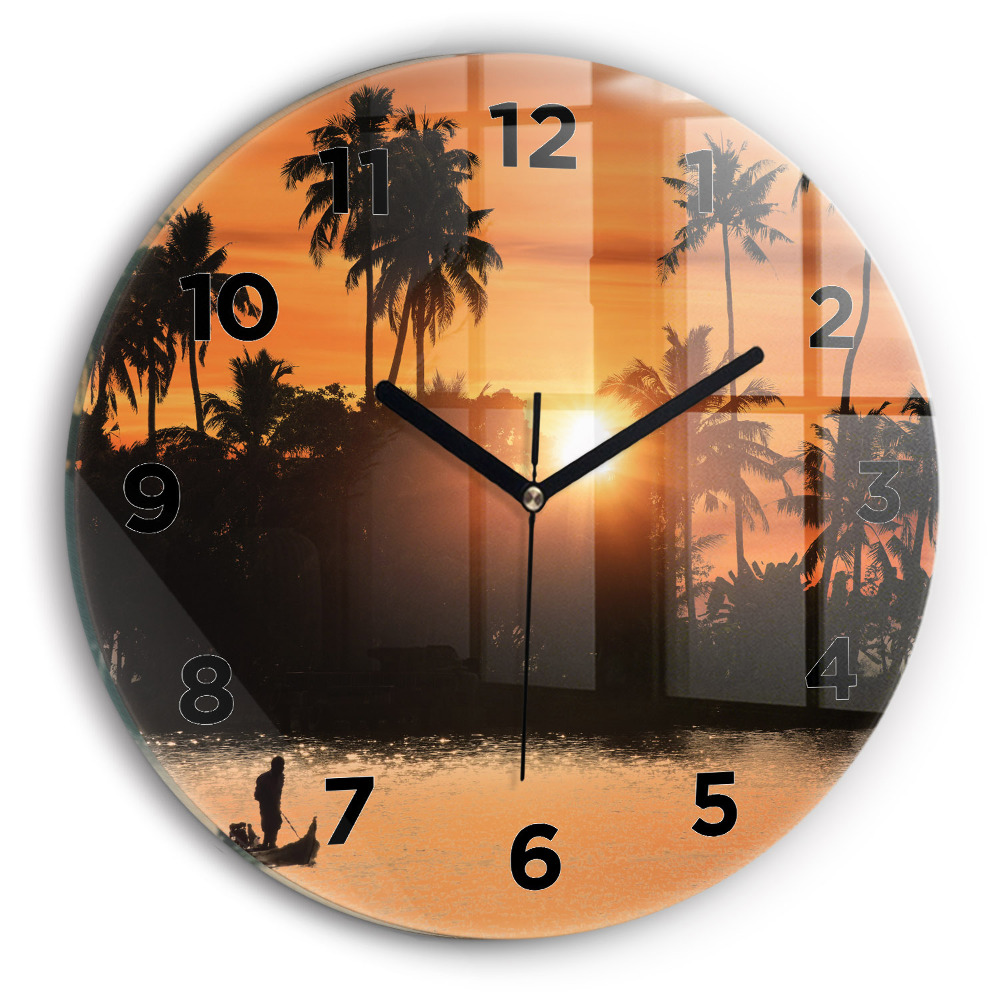 Horloge ronde en verre Coucher de soleil et palmiers
