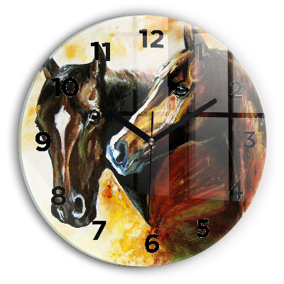 Horloge ronde en verre Deux chevaux peints