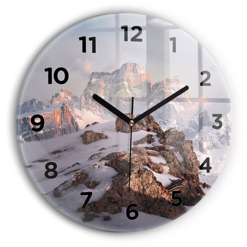 Horloge ronde en verre Montagne enneigée