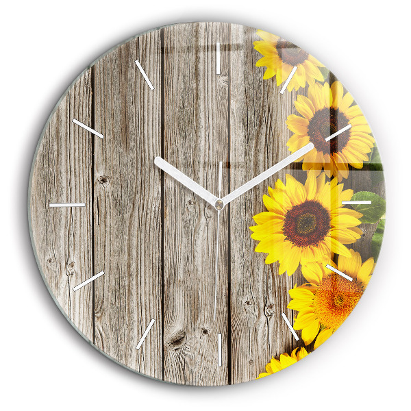 Horloge ronde en verre 60 cm Tournesols sur planches