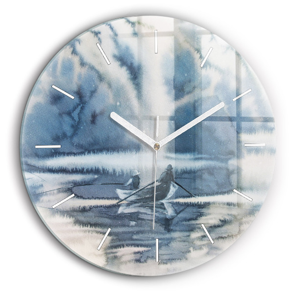 Horloge ronde en verre 60 cm Lac d'hiver Bateau