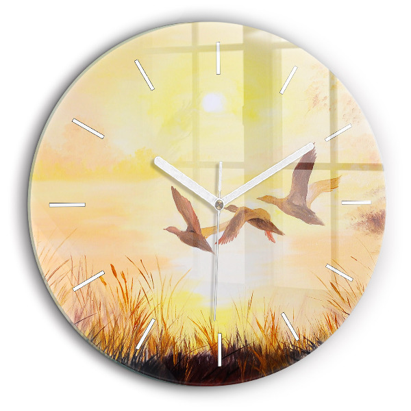 Horloge ronde en verre 60 cm Grues au coucher du soleil