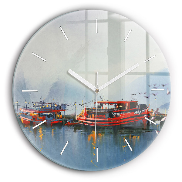 Horloge ronde murale 60 cm Bateau de pêche dans le port