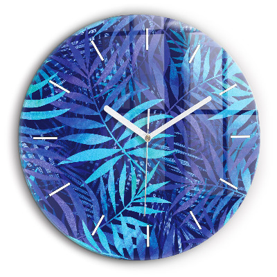 Horloge ronde en verre 60 cm Feuilles bleues