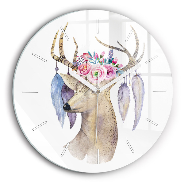 Horloge ronde 60 cm Tête de cerf et fleurs