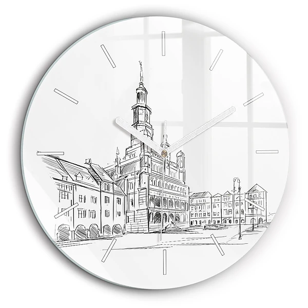 Horloge ronde en verre 60 cm Croquis de la vieille ville de Poznań