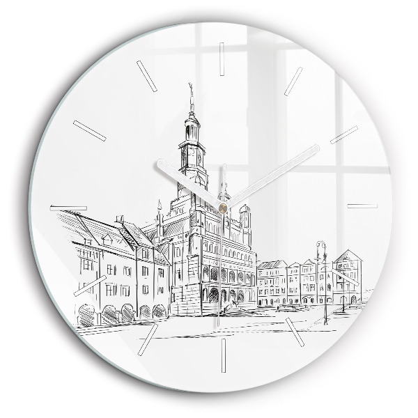 Horloge ronde en verre 60 cm Croquis de la vieille ville de Poznań