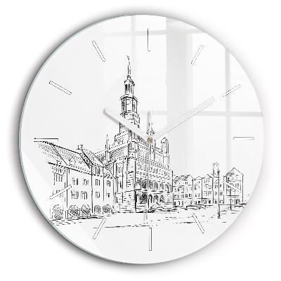 Horloge ronde en verre 60 cm Croquis de la vieille ville de Poznań