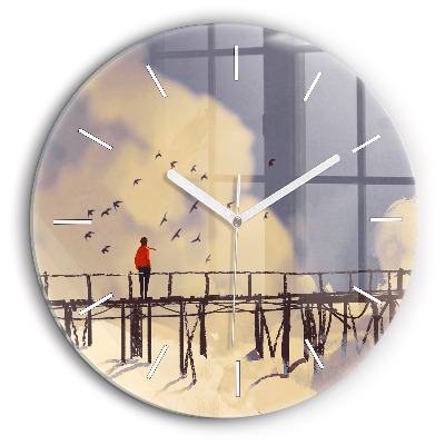 Pendule murale ronde 60 cm Homme sur un vieux pont