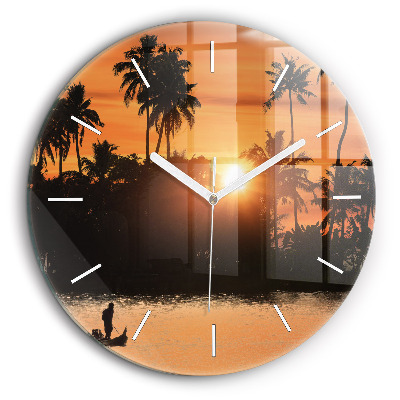 Horloge ronde en verre 60 cm Coucher de soleil et palmiers