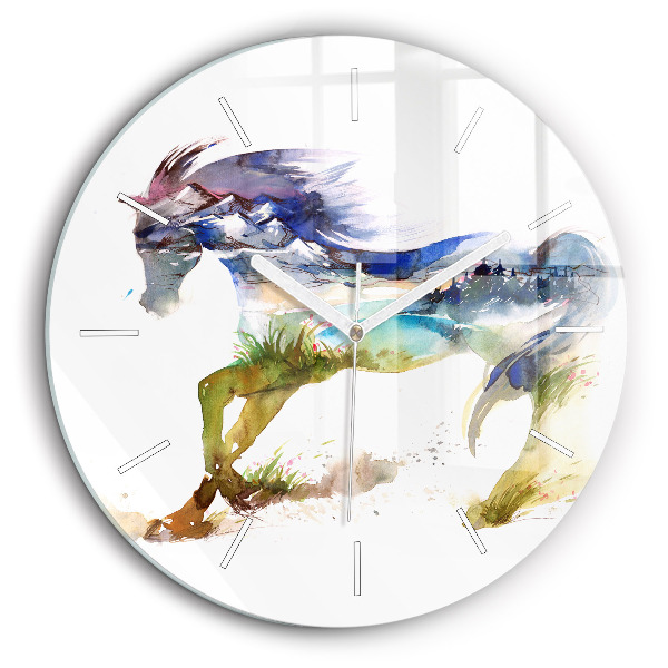 Pendule murale ronde 60 cm Montagne peinte et cheval