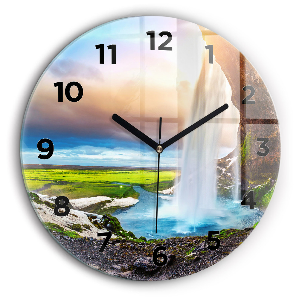 Chute d'eau en Islande Horloge ronde en verre 60 cm