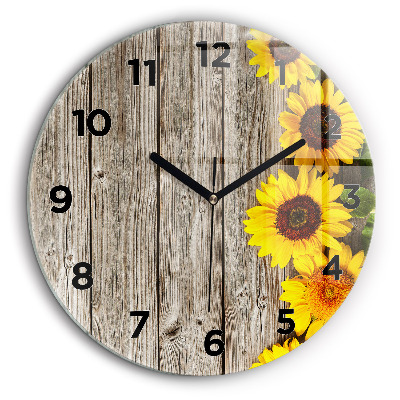 Tournesols sur planches Horloge ronde en verre 60 cm