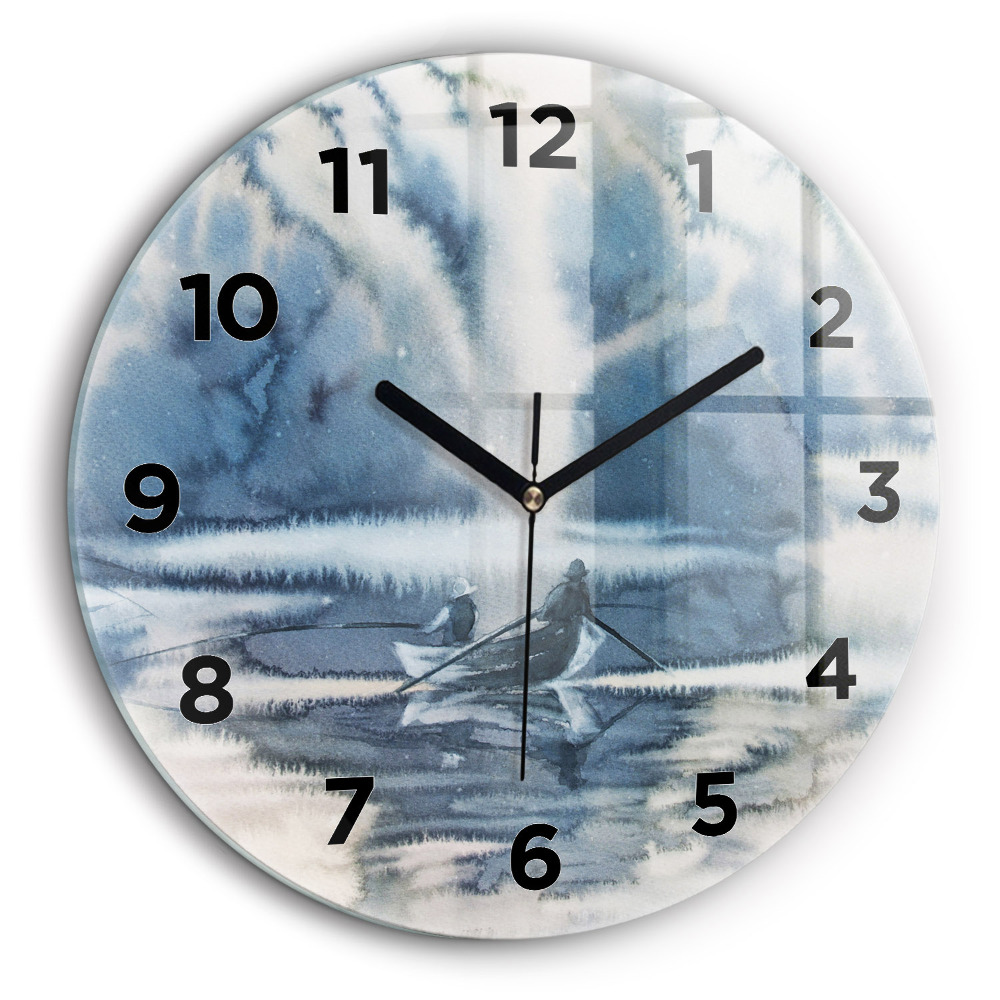 Lac d'hiver Bateau Horloge ronde en verre 60 cm