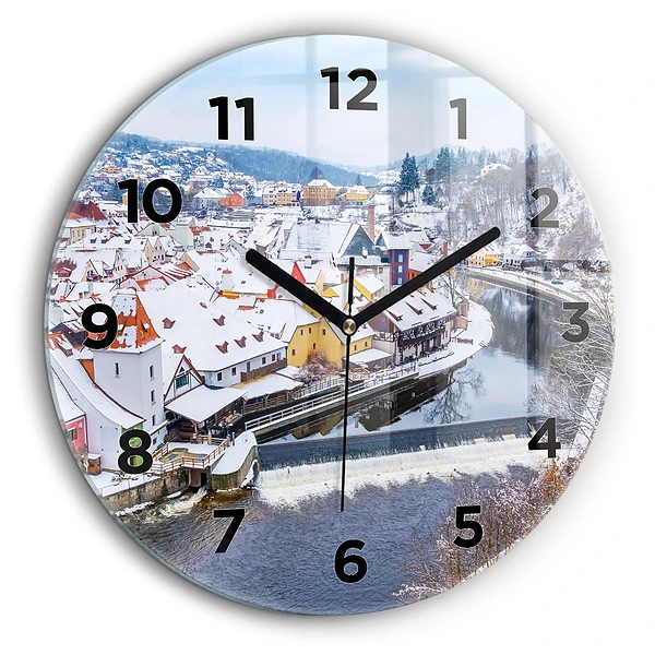 Panorama d'une ville en hiver Horloge ronde en verre 60 cm