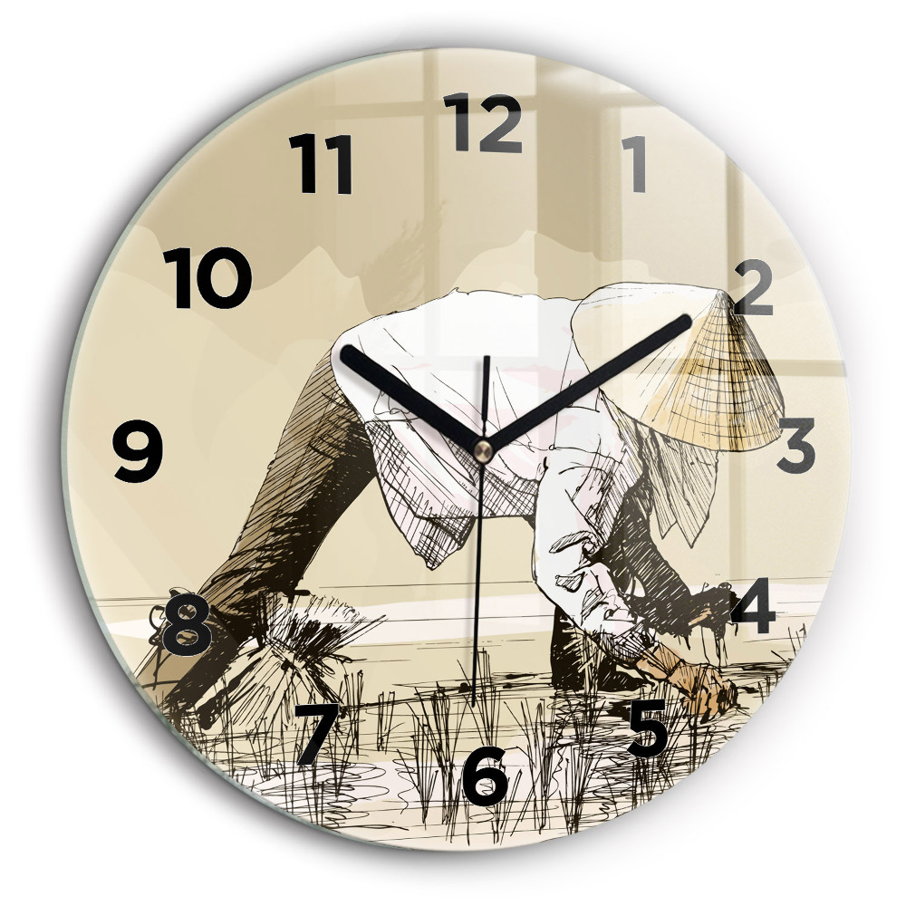 Femme cueillant du riz Horloge ronde en verre 60 cm