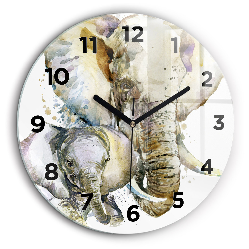 Animaux peints - éléphants Horloge ronde en verre 60 cm