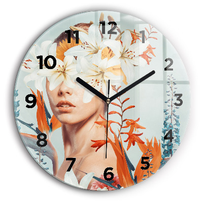 Femme avec des fleurs Horloge ronde en verre 60 cm