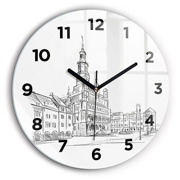 Croquis de la vieille ville de Poznań Horloge ronde en verre 60 cm