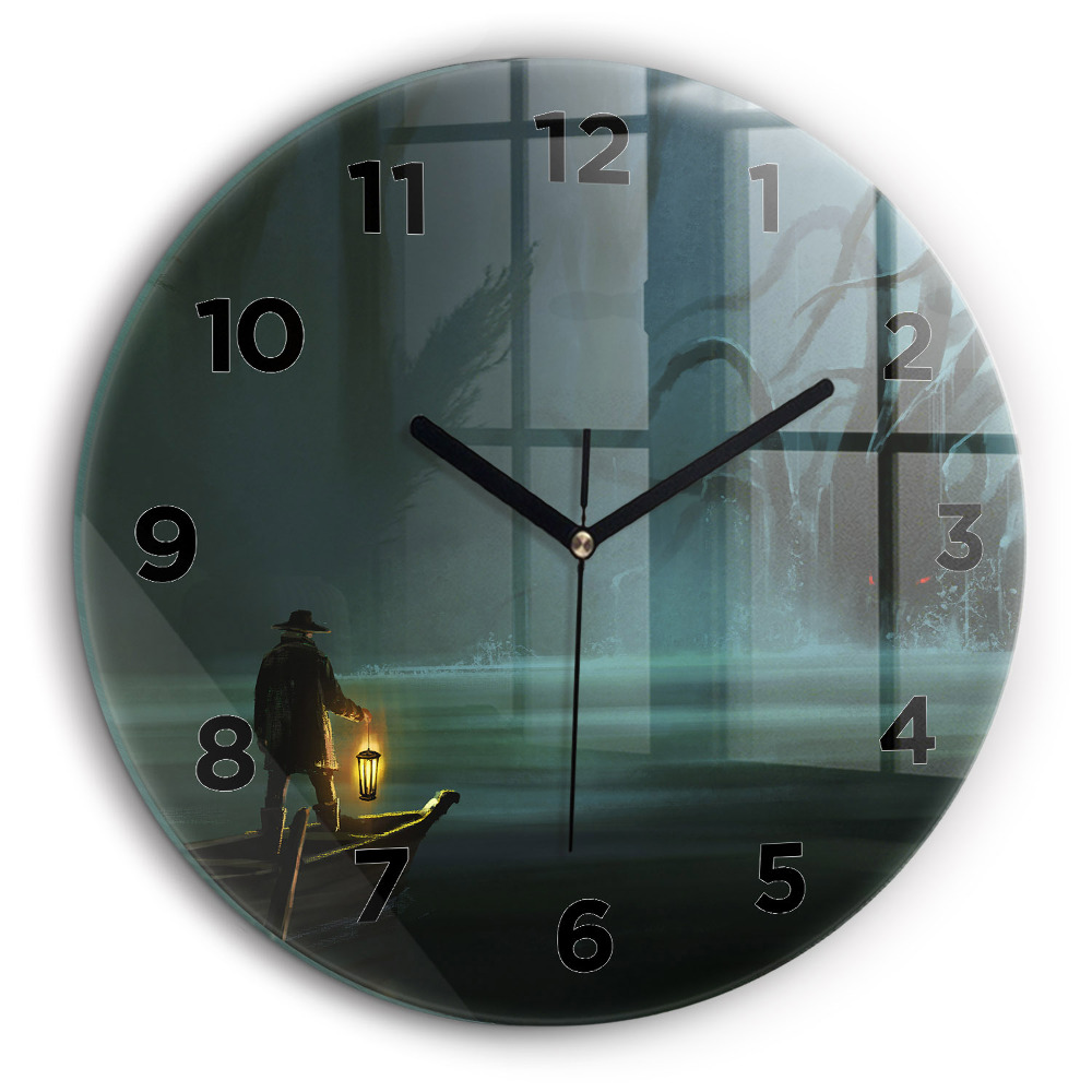 Homme et monstre dans un marais Pendule murale ronde 60 cm