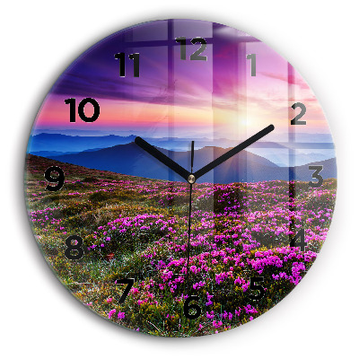 Lever de soleil et fleurs Horloge ronde en verre 60 cm