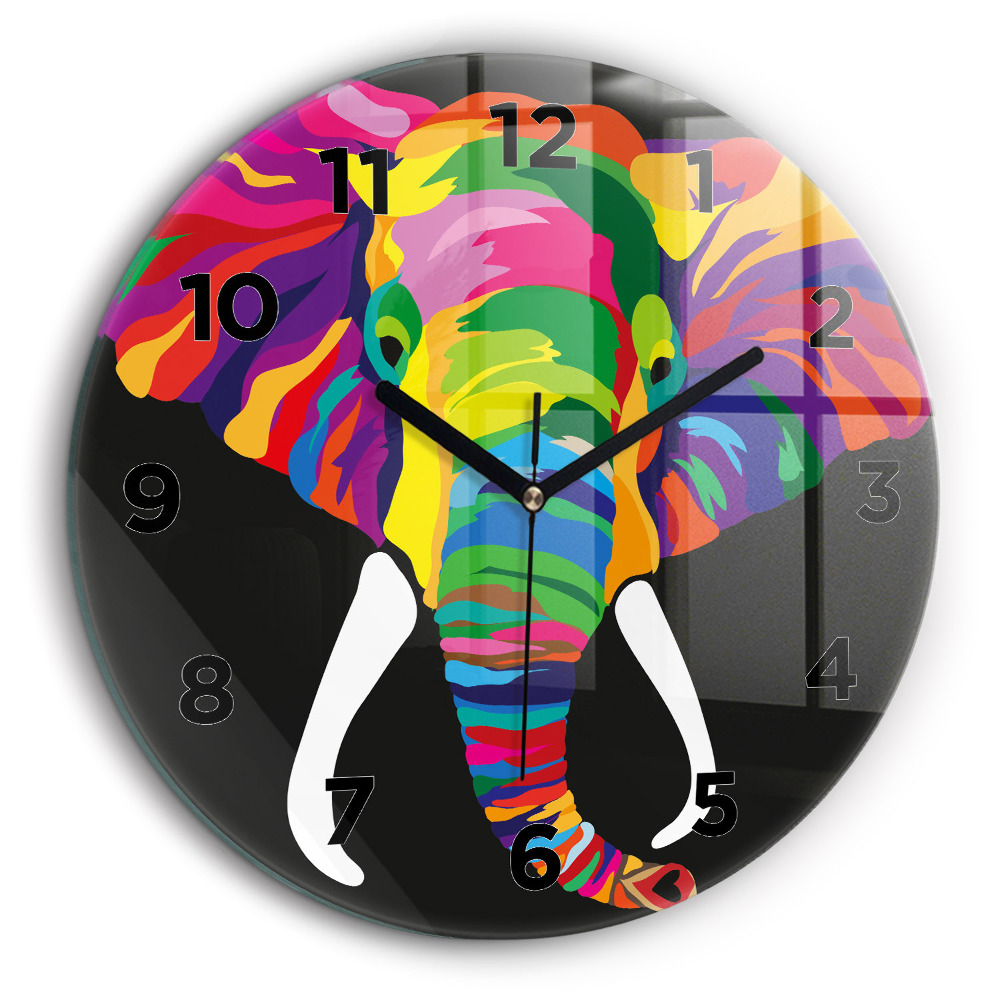 Éléphant coloré Horloge ronde en verre 60 cm