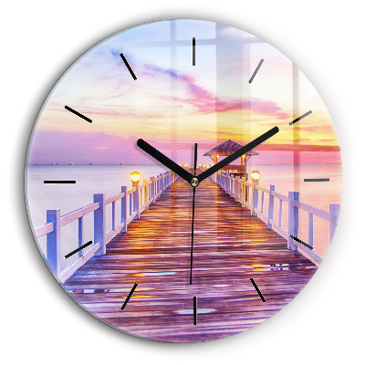 Horloge ronde en verre 60 cm Pont dans le port le soir