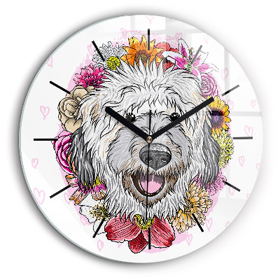 Horloge ronde murale 60 cm Chien heureux dans les fleurs