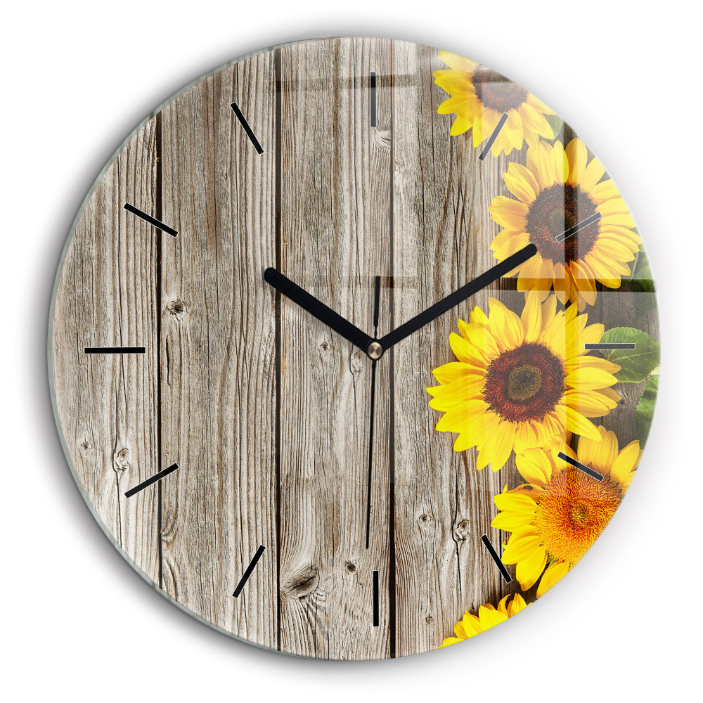 Horloge ronde en verre 60 cm Tournesols sur planches