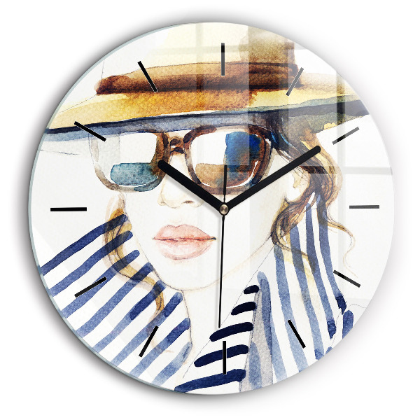 Horloge ronde en verre 60 cm Visage avec lunettes et chapeau