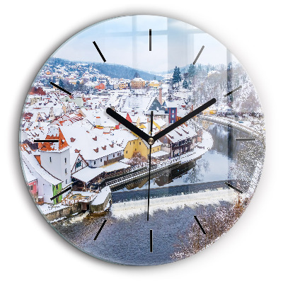 Horloge ronde en verre 60 cm Panorama d'une ville en hiver