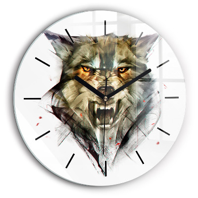 Horloge ronde en verre 60 cm Portrait dessiné d'un loup