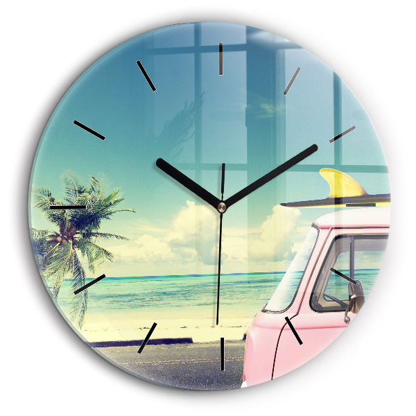 Horloge ronde murale 60 cm Voiture avec planche de surf