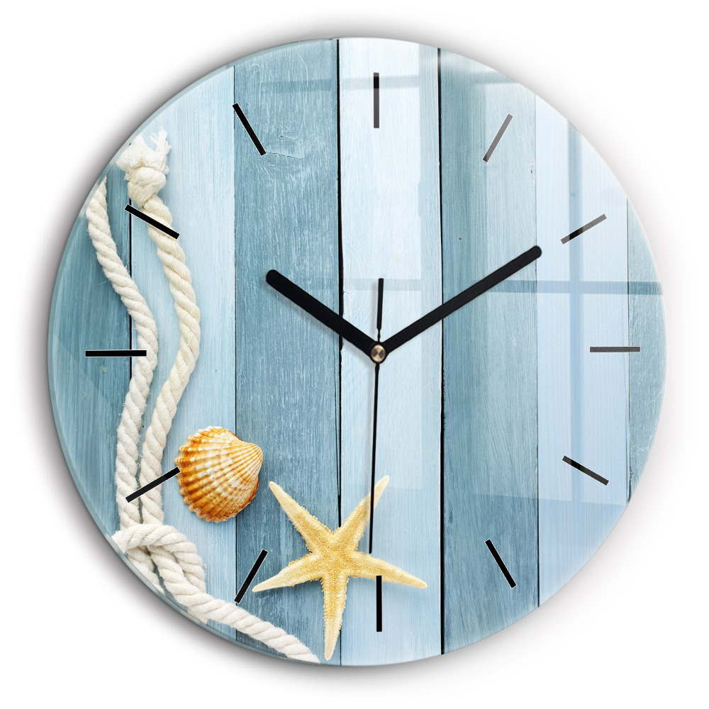 Pendule murale ronde 60 cm Planches rayées et coquillage