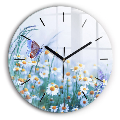 Horloge ronde en verre 60 cm Papillon dans une prairie