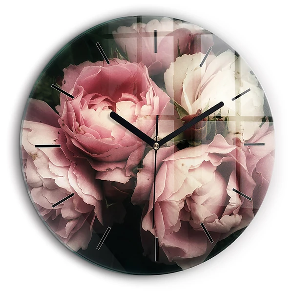 Horloge ronde en verre 60 cm Bouquet de roses roses