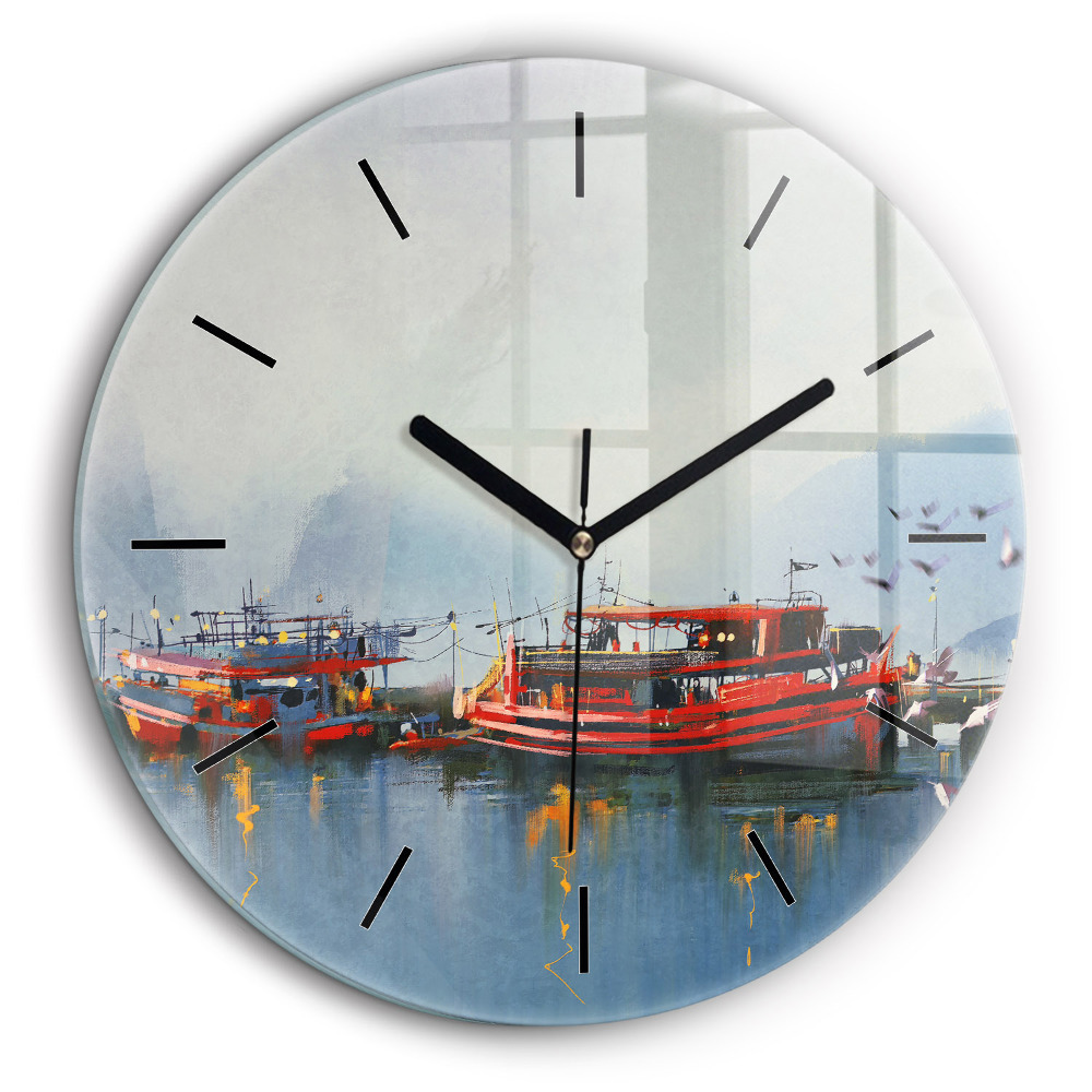 Horloge ronde murale 60 cm Bateau de pêche dans le port