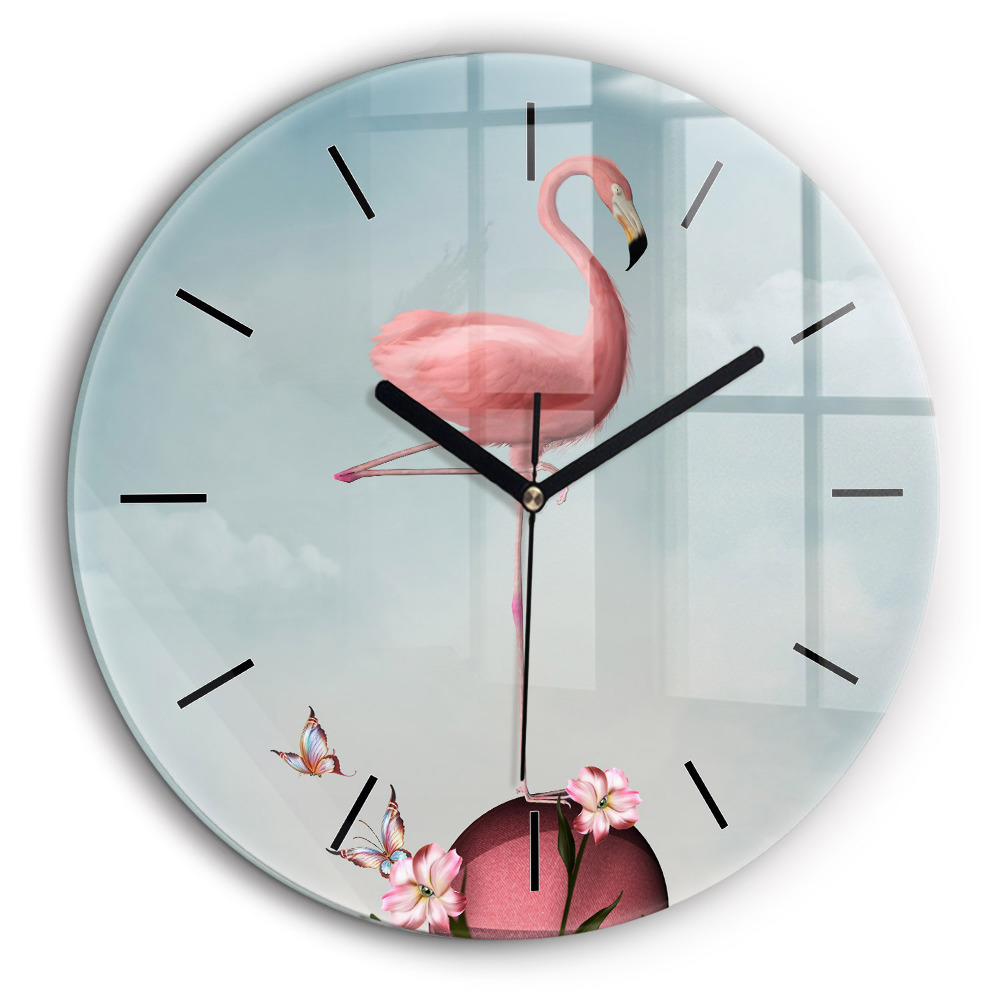 Horloge ronde en verre 60 cm Flamant surréaliste