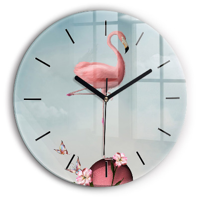Horloge ronde en verre 60 cm Flamant surréaliste