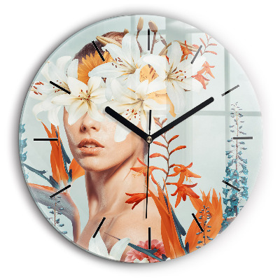 Horloge ronde en verre 60 cm Femme avec des fleurs