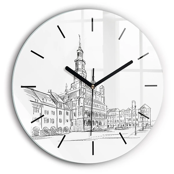 Horloge ronde en verre 60 cm Croquis de la vieille ville de Poznań