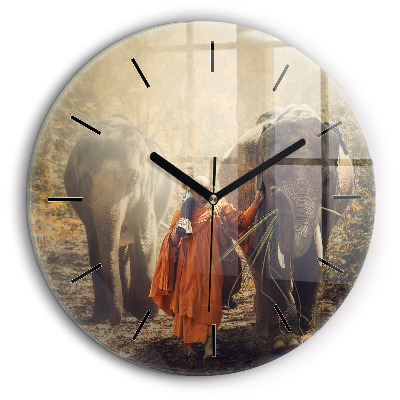 Horloge ronde 60 cm Moine guidant des éléphants